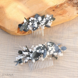 Hair comb LISON preserved flowers for boho style wedding hairstyle, white baby&#39;s breath and eucalyptus comb for country summer wedding