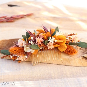 SOFIA hair comb in orange and terracotta colors made of dried and preserved flowers for summer wedding country boho theme