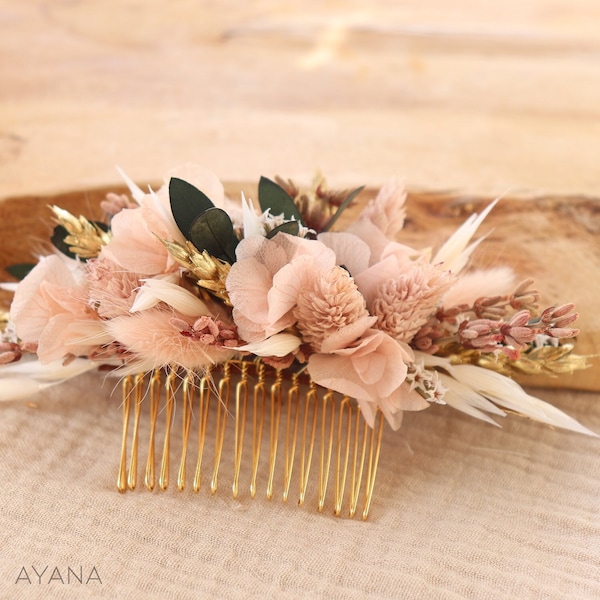 Peigne cheveux CHARLENE fleur séchée et stabilisée rose pastel et doré mariage bohème, Peigne coiffure pour mariée fleur naturelle durable