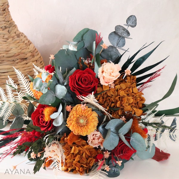 Bouquet VANCOUVER dried and preserved flowers ocher terracotta color Home delivery bouquet eternal flowers,  trendy wedding autumn bouquet