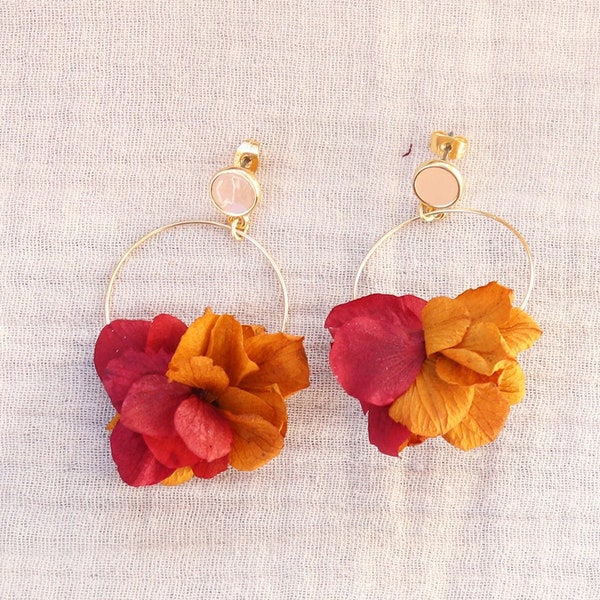 Boucles d'oreilles VERA fleur naturelle stabilisée, boucles d'oreilles hortensia stabilisé ocre et terracotta accessoire mariage été