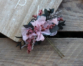 Epingle à cheveux PAULINE fleurs séchées et stabilisées, pic hortensia pour cheveux, accessoire barrette rose fleur coiffure mariage bohème