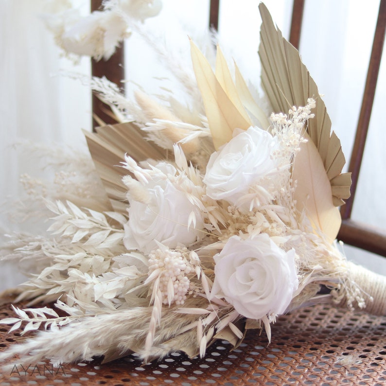 Trendy bridal bouquet OXFORD made of dried and preserved natural flower, boho style wedding bouquet with white eternal rose, pampas and palm image 4