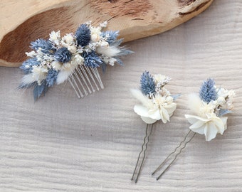 Veel OCEANE haarspelden in gedroogde bloemen voor boho bruiloftskapsel in stoffige blauwe kleur, oceaanblauwe kam voor zomerbruiloft aan zee