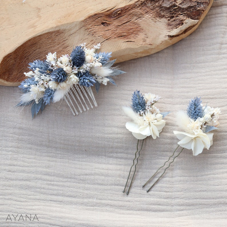 Lot épingles à cheveux OCEANE en fleur séchée pour coiffure mariage bohème couleur dusty blue, peigne bleu océan mariage été bord de mer image 1