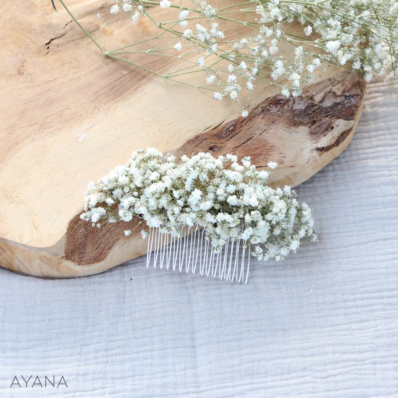 Hochzeitshaarkamm LUCIE, Boho-Haaraccessoire aus konservierten Naturblumen, stabilisierter Schleierkrautkamm für Boho-Hochzeit Bild 2