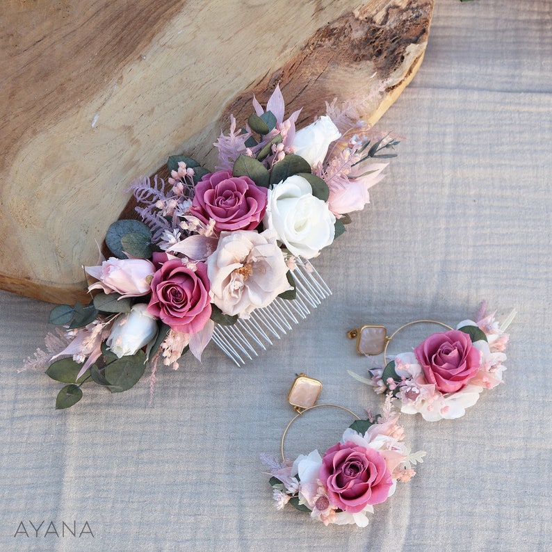 Peigne long ROSY fleurs naturelles séchées et stabilisées rose blush accessoire arrière tête coiffure fleuri mariage bohème chic 1 peigne L + BO