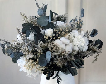 Bouquet blanc CHAMONIX déco hiver fleur de coton et eucalyptus stabilisé, Composition fleur séchée noce de coton 1er anniversaire mariage