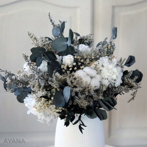 Bouquet blanc CHAMONIX déco hiver fleur de coton et eucalyptus - Etsy France