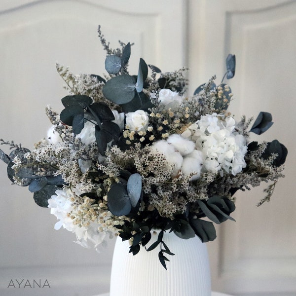 White bouquet CHAMONIX deco winter cotton flower and stabilized eucalyptus, arrangement cotton flowers  2nd wedding anniversary gift