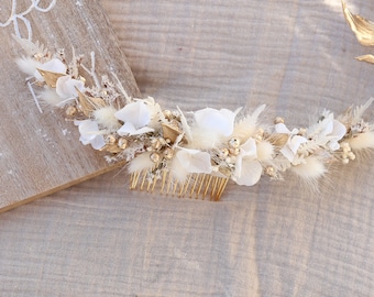 Long hair comb ISABEL natural dried and preserved flowers white and gold, Dry flowers half crown wedding boho chic hairstyle