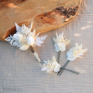 Lot épingles à cheveux OLWEN fleur schée et stabilisée blanc mariage bohème chic, fleur sché sur pic coiffure mariage, baptême ou communion 3 pics + bouton.