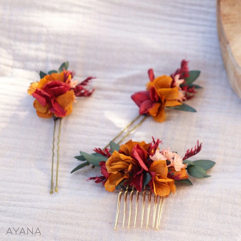 Peignes cheveux VERA fleurs séchées et stabilisées ocre et terracotta mariage bohème, Peigne coiffure mariage d'été fleur naturelle durable image 8