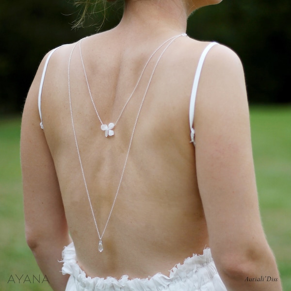 Collier LOUANE, bijou de dos en argent avec cristal de Swarovski et fleur stabilisée, parure de dos pour mariage, collier de dos mariage