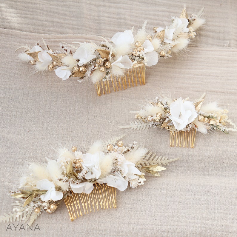 Pettine per capelli ISABEL fiori secchi e conservati matrimonio boho bianco e oro, pettine per acconciatura da sposa country fiore naturale sostenibile immagine 3