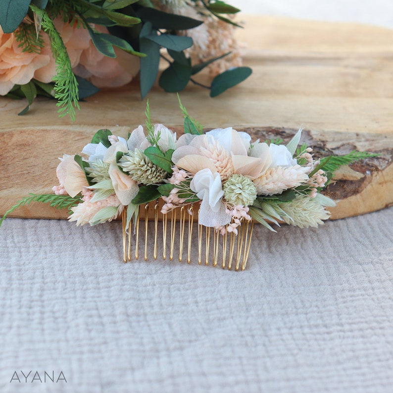 Peigne cheveux COLINE fleur séchée et stabilisée couleur pêche mariage printemps, accessoire coiffure de mariée fleur naturelle durable image 6