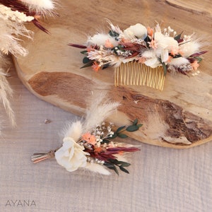 Hair comb ROSITA dried and preserved flowers terracotta shade boho wedding, Hairdressing comb natural flower sustainable country wedding 1 peigne M + 1 bout.