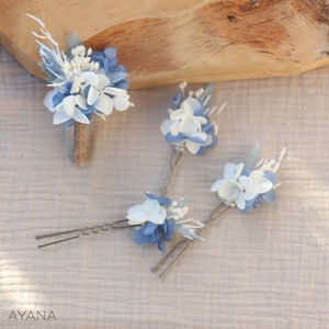 Lot d'épingles à cheveux SERENA fleur stabilisée blanc et bleu pâle pour mariage bohème, accessoire coiffure en fleur naturelle séchée bleue image 6