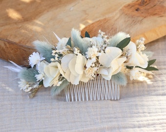 Hair comb GIULIANA dried and preserved flower pastel shade wedding in Provence, Hairdressing comb wedding flower ivory and sage green