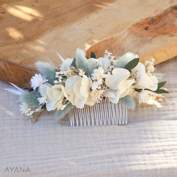 Peignes cheveux GIULIANA fleur séchée et stabilisée teinte pastel mariage en Provence, Peigne coiffure mariage fleur ivoire et vert sauge