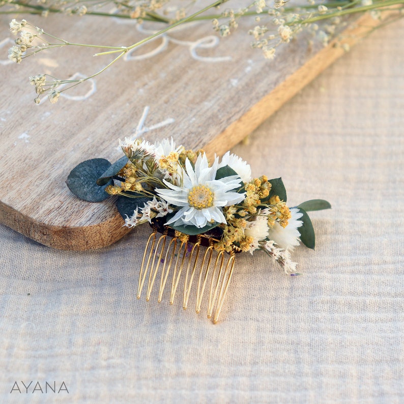 Lot épingles à cheveux ROXANE fleur séchée mariage champêtre, accessoire coiffure d'été petite fleur blanche et jaune thème campagne chic 1 petit peigne S