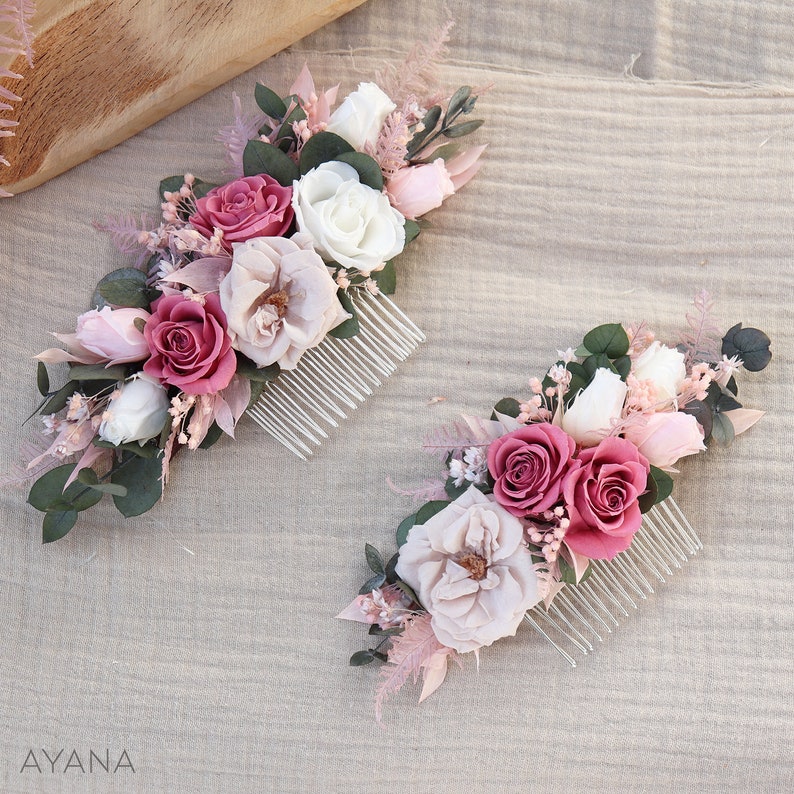 Peigne long ROSY fleurs naturelles séchées et stabilisées rose blush accessoire arrière tête coiffure fleuri mariage bohème chic image 6