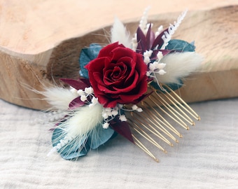 Hair comb NELLY with red preserved rose for classic wedding hairstyle, dried flower and burgundy eternal rose for trendy boho hair accessory