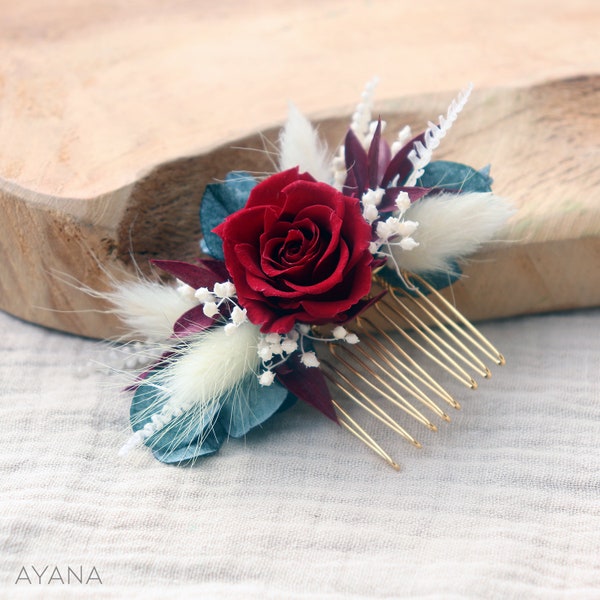 Hair comb NELLY with red preserved rose for classic wedding hairstyle, dried flower and burgundy eternal rose for trendy boho hair accessory