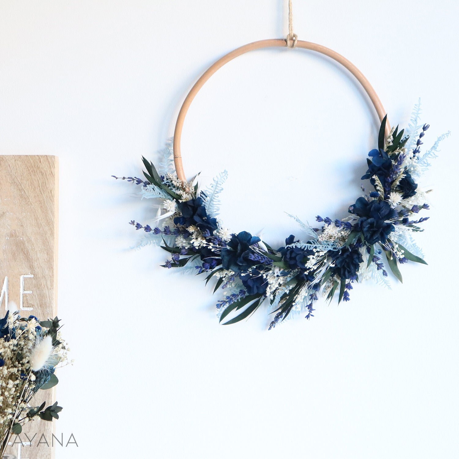 Couronne de Noël Fleurs Séchées, Décoration Murale Bleue Séchées et Stabilisées, Couronne Bohème Hor