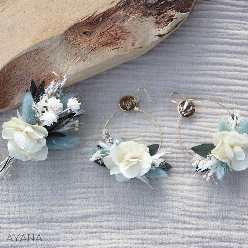 Hoop earrings GIULIANA dried and preserved flowers sage green and ecru soft hue, handcrafted jewelry wedding in Provence image 5