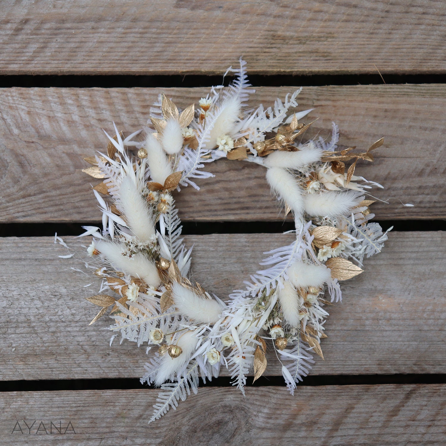 Petite Couronne de Décoration Noël Fleurs Séchées Blanc et Doré, Table Fêtes Éco-Responsable Or Luxu