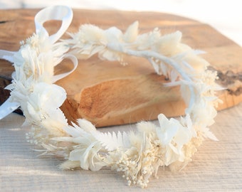 Witte OLWEN gedroogde bloemenkroon boho chic bruiloftsthema, boho bruidskapselaccessoire gemaakt van gedroogde en geconserveerde witte bloem