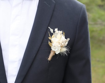 Boutonniere INSPIRATION groom accessory dried and preserved natural flower white and gold boho chic wedding