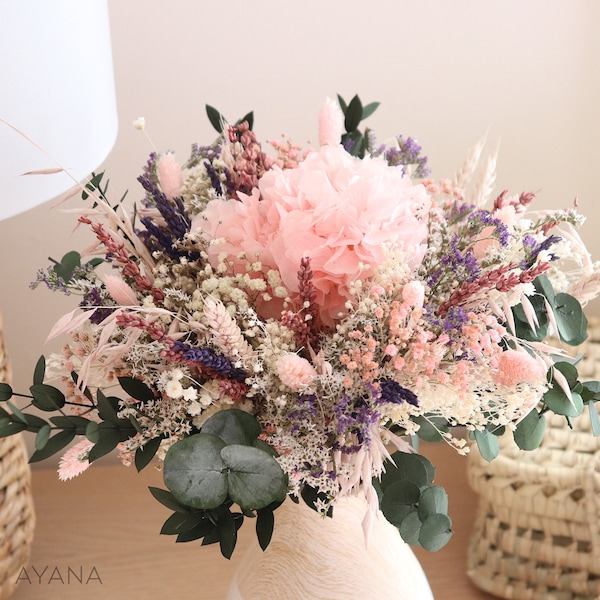 Strauß TOULOUSE getrocknete und konservierte rosa Blumen, umweltbewusstes Blumenarrangement als Geschenk, konservierter Hortensien- und Eukalyptusstrauß