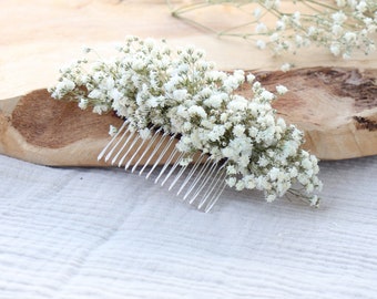 Peigne cheveux mariage LUCIE, accessoire de cheveux bohème en fleurs naturelles stabilisées, peigne gypsophile stabilisé pour mariage Bohème