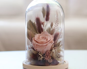 Glass bell VENDEMIAIRE preserved and dried flower dusty pink and burgundy, eternal rose under bell eco-responsible gift trendy boho deco