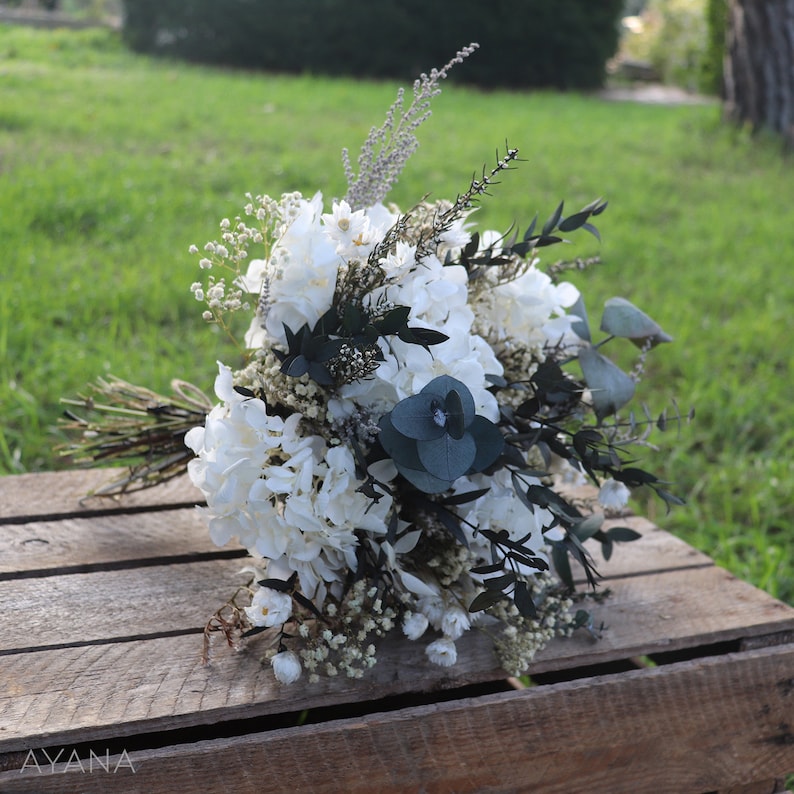 Bridal bouquet FREJUS, dried and preserved flowers, bohemian wedding bouquet with natural flowers, white hydrangea and eucalyptus bouquet image 5