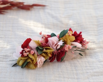 Barrette à cheveux PATTIE en fleurs stabilisées ocre, rose et bordeaux pour coiffure d'été, accessoire à cheveux en hortensia stabilisé