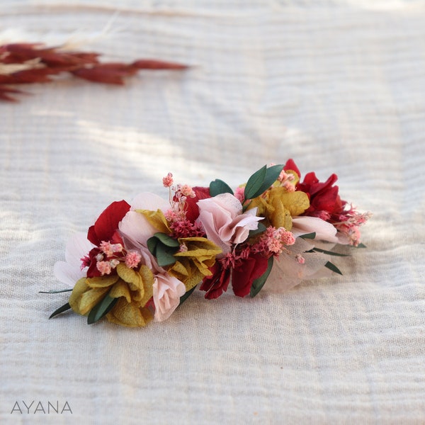 Hair clip PATTIE in ocher, pink and burgundy preserved flowers for summer hairstyle, hair accessory in stabilized hydrangea, trendy barette