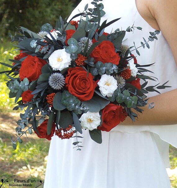 Bridal Bouquet Buenos Aires Preserved Roses And Eucalyptus Wedding Bouquet Preserved Natural Flowers Bouquet Red Roses And Thistles
