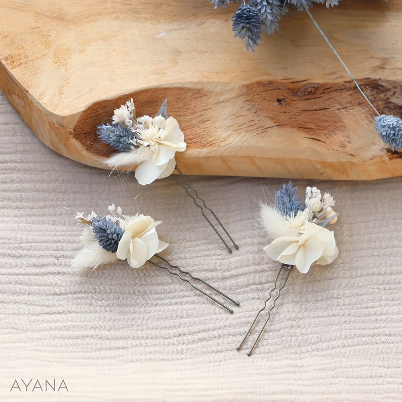 Set of OCEANE hairpins in dried flower for boho wedding hairstyle dusty blue color, ocean blue comb wedding summer seaside image 3