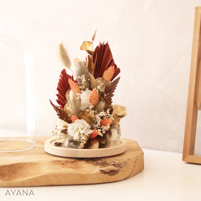 COACHELLA VALLEY decoratieve stolp met gedroogde bloemen in terracotta en goud, eeuwige bloem onder glazen stolp, herfst interieurdecoratie afbeelding 5