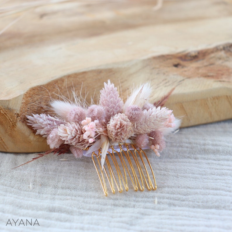 BRIDGET comb dried and preserved flower pink blush romantic hairstyle, Long lasting natural flower haircomb for boho eco-responsible wedding 1 petit peigne (S)