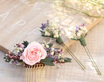 Lote de horquillas CEREZA en flor preservada boda boho, peineta pequeña con rosa eterna rosa para novia y dama de honor