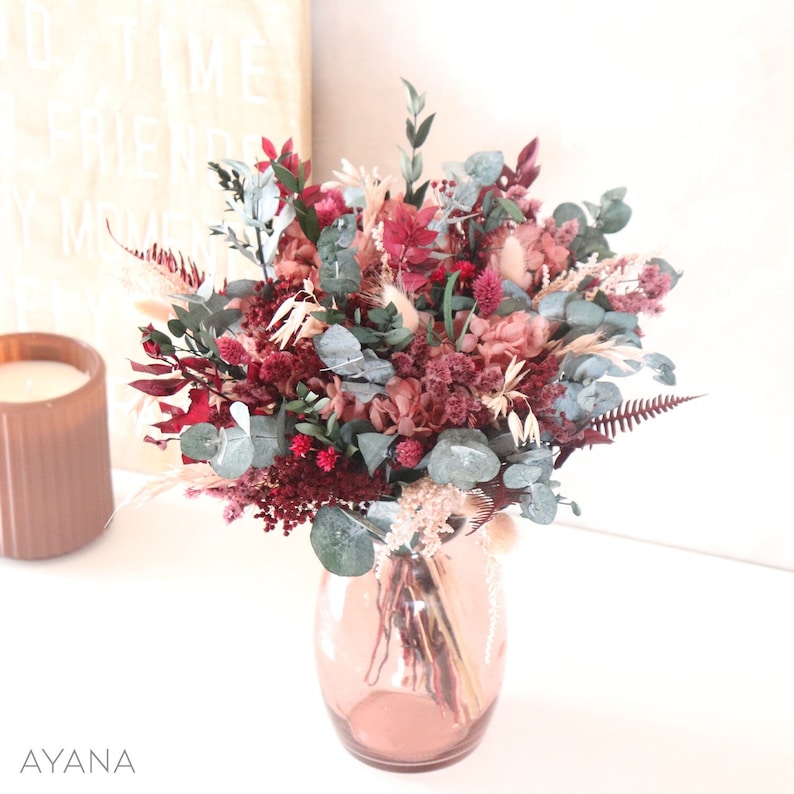 Bouquet GRENADE preserved hydrangea and eucalyptus for home decoration or bridal bouquet, magenta and misty pink boho wedding arrangement image 1