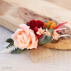 Hair comb VERA dried and preserved flowers ocher and terracotta boho wedding style, summer wedding hair comb sustainable natural flowers