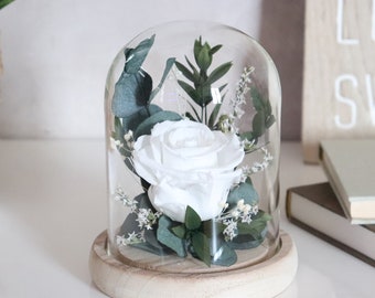 Cloche fleur stabilisée déco d'intérieur ELEGANTE DOUCEUR, rose éternelle sous cloche cadeau artisanal, rose blanche et fleurs séchées