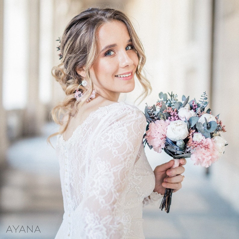 Bouquet de mariée PARIS en pivoines et roses naturelles éternelles, bouquet en fleurs séchées et stabilisées pour mariage bohème image 1