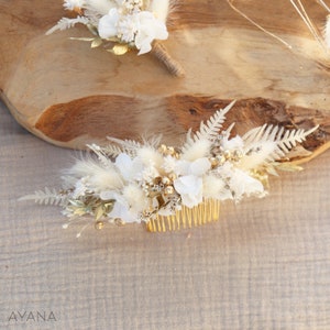 Peigne cheveux ISABEL fleurs séchées et stabilisées blanc et doré mariage bohème, Peigne coiffure mariage campagne fleur naturelle durable image 2
