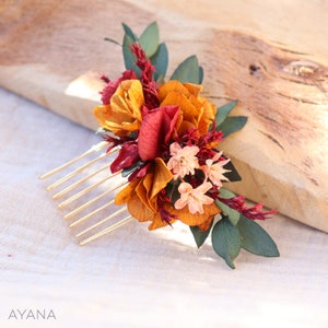 Peignes cheveux VERA fleurs séchées et stabilisées ocre et terracotta mariage bohème, Peigne coiffure mariage d'été fleur naturelle durable image 2